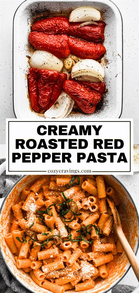 This creamy roasted red pepper pasta is such a delicious, easy homemade pasta dish that has SO much flavor. With roasted garlic and onions in addition to the pepper, you get a ton of flavor with only a few ingredients. Plus it's pretty hands-off which makes it an ideal weeknight pasta dish. Roasted Red Pepper And Zucchini Pasta, Healthy Red Pasta Recipes, Roasted Red Bell Pepper Sauce, Red Pepper Pasta Recipes, Healthy Red Sauce Pasta Recipes, Roasted Bell Pepper Recipes, Bell Pepper Pasta Sauce, Roasted Bell Pepper Pasta, Red Bell Pepper Pasta