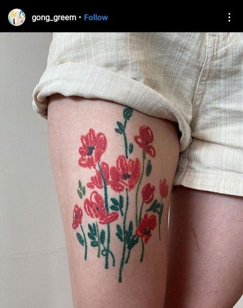 Flowers Leg Tattoo, Crayon Flower, Sick Tattoo, Poppies Tattoo, Beautiful Flower Tattoos, Fresh Tattoo, Sunflower Tattoos, Shoulder Tattoos For Women, Leg Tattoo