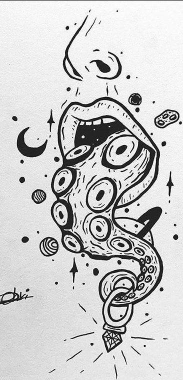 Scary Mouth Tattoo, Trippy Octopus Tattoo, Octopus Head Tattoo, Mushroom Octopus Art, Octopus Simple Tattoo, Trippy Octopus Drawing, Octopus Outline Drawing, Scary Octopus Drawing, Tenticals Reference Drawing