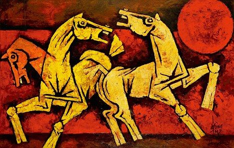 Bold:  M.F. Husain's 'Three Horses' is one of the highlights of the bid Hussain Paintings, Mf Hussain Paintings, Mf Hussain, Famous Artists Paintings, Horse Canvas Painting, Abstract Horse Painting, Abstract Horse, African Art Paintings, Horse Artwork