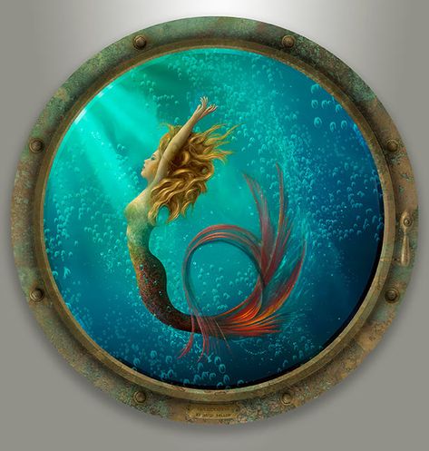 Mermaid Painting by artist David Miller Porthole Painting, Dolphin Paintings, Pool Mural, Mermaid Paintings, Ocean Paintings, Dolphin Painting, Beach Art Painting, Jewel Of The Seas, David Miller