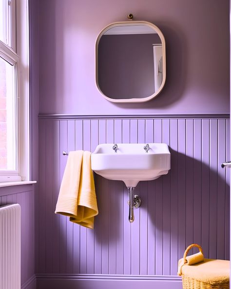 Who said that bathrooms should be a boring place? Well, not us. 🙅🏻 Go ahead now, colour drench that bathroom of yours – you know it needs some extra love. Plus, rules are for people with no imagination anyway, so you might as well follow your own creative spark and transform this often neglected space however you want. 🎨 And yes, you can start with our Joyful Lilac. We don’t need to say much, this photo speaks for itself. Let. There. Be. Joy. Everywhere. 💜 #DifferentFeelsGood #YesC... Purple Powder Room, Purple Hallway, Lilac Bathroom, Love Plus, Basement Bathroom, You Know It, Who Said, Go Ahead, Shades Of Purple