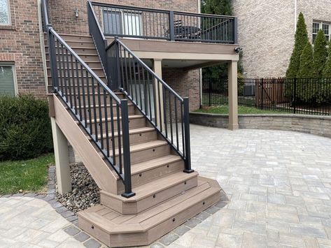 Azek English Walnut Deck and Stairs, with Timbertech Drinkrail, accent lighting, underdeck waterproofing and a new patio. Underdeck Waterproofing, Timbertech English Walnut Deck, Azek Decking, Deck And Patio, English Walnut, Tech Deck, Deck Stairs, Side Porch, Porch Deck