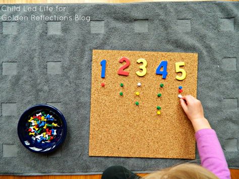 Counting push pins is a fun way to help learn more about nails on Golden Reflections Blog Outdoor Preschool, Continuous Provision, Play For Kids, Kids Series, Sensory Processing, Push Pins, Preschool Ideas, Math Center, Work Ideas