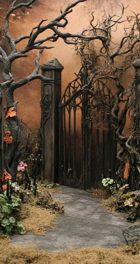 Craft a hauntingly beautiful Victorian-era graveyard for Halloween! Use ornate, vintage-inspired tombstones with intricate designs and poetic epitaphs. Add wrought iron fences and gates with rust effects. Position weeping angel statues and moss-covered stone crosses among the graves. Incorporate old-fashioned lanterns with flickering LED candles. Scatter dried leaves and create overgrown pathways. Hang Spanish moss from nearby trees for a Southern Gothic touch. These elegant yet spooky graveyard Wrought Iron Fences And Gates, Iron Fences And Gates, Graveyard Fence, Haunted Garden, Spooky Graveyard, Iron Fences, Victorian Halloween, Weeping Angel, Moss Covered