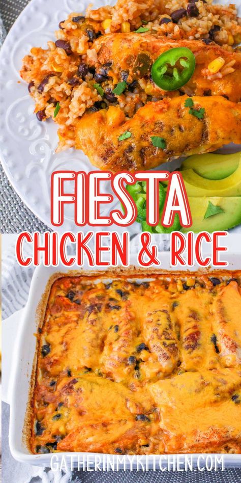 Spice up your taco nights with this easy Fiesta Chicken and Rice Casserole! It's a Mexican-inspired dinner that's both delicious and a hit with kids. A perfect family pleaser for any night of the week. Chicken And Rice Casserole With Knorrs, Mexican Chicken Casserole With Rice, Knorr Spanish Rice And Chicken Casserole, Chicken And Mexican Rice, Fiesta Chicken And Rice, Fiesta Chicken Crockpot Recipe, Mexican Chicken Breast, Mexican Chicken Bake, Rice Casseroles