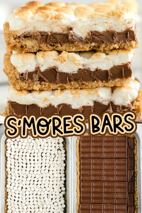 All the delicious flavors of a s'more in this easy and gooey dessert! Graham cracker crust, melted chocolate bars, and mini marshmallows all baked in the oven to create this easy anytime dessert! Desert For Cookout, Easy Dessert With Graham Crackers, Snacks For Summer Party, Fall Bbq Desserts, S’more Bars Golden Grahams, Easy Summer Potluck Desserts, Bbq Party Desserts, S’mores Bake Dessert, Baked S’mores