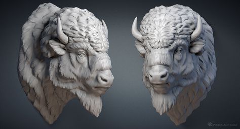 American bison buffalo head digital sculpture. 3D model for CNC, 3d printing. STL, OBJ: http://www.turbosquid.com/3d-models/3d-american-bison-buffalo-head/1048151/?referral=voronart Creature Anatomy, Bison Head, Buffalo Wall Art, Buffalo Painting, Animal Carving, Buffalo Head, Bison Art, Cnc Carving, Buffalo Art