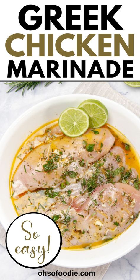 Text reads Greek Chicken Marinade Recipe Chicken Marinade Yogurt, Yogurt Chicken Marinade, Best Greek Chicken Marinade, Greek Yogurt Chicken Marinade, Mediterranean Chicken Marinade, Lemon Garlic Chicken Marinade, Best Greek Chicken, Garlic Chicken Marinade, Easy Greek Chicken