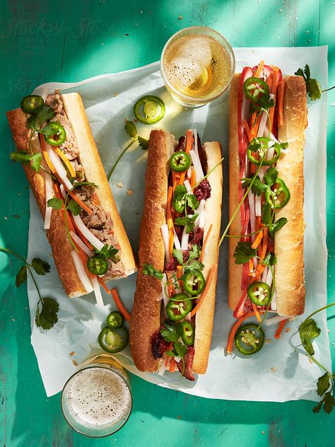 Bahn Mi Sandwiches | Stocksy United Pickled Carrot, Best Sandwich Recipes, Pickled Cabbage, Crispy Pork Belly, Pickled Carrots, Buttermilk Chicken, Sub Sandwiches, Cucumber Sandwiches, Sandwich Fillings