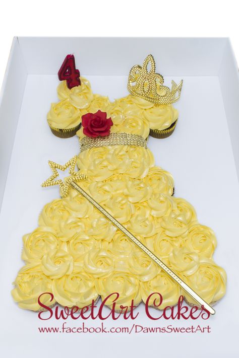 Belle dress cupcakes, belle pull apart cupcakes Disney Princess Pull Apart Cupcakes, Princess Birthday Cupcakes Ideas, Princess Cupcake Cake Pull Apart, Princess Pull Apart Cupcakes, Princess Cupcakes Ideas, Belle Birthday Party Cake, Pull Apart Cupcake Cake Birthday, Belle Birthday Party Decorations, Belle Cupcakes