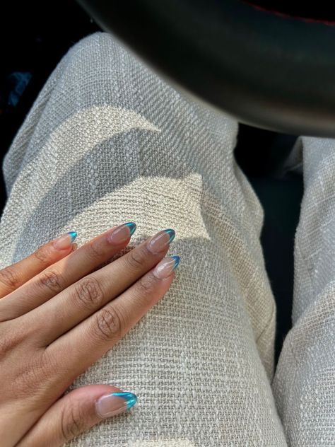 Blue Acrylic Nails 2023, Blue Nails With Blue Tips, Blue Chrome Nails Tips, Blue Tips With Chrome, Blue Chrome Tip Nails, Blue French Tip With Chrome, Mama Mia Inspired Nails, Blue Chrome French Nails, Blue Chrome Tips