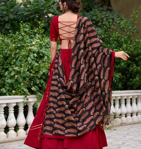 Enjoy the Navratri vibe with heritage chic of red and black combination of gota Patti & mirror work lehenga with pure cotton dupatta details ✨⭐️ SHOP NOW 🛍️ gotifab.com [lehengacholi, garba outfits, navratri lehengas, navratri collection,navratri chaniya choli,navratri collection ] #lehengacholi #navratrilehenga #navratricollection #navratri #navratrichaniyacholi #garbaoutfit Red Chaniya Choli Combination, Red Chaniya Choli For Navratri, Red Chaniya Choli, Aesthetic Lehenga, Choli Navratri, Garba Chaniya Choli, Garba Outfit, Garba Dress, Navratri Collection