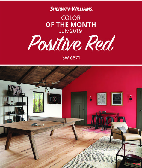 Go bold in your home with the Sherwin-Williams July Color of the Month. Positive Red SW 6871 has us feeling positively energized, and for good reason. This paint color packs a powerful punch, perfect for adding real wow factor to any kitchen, living room, game room or more. Ready to get your next DIY paint project started? Click through for more, including which colors this hue coordinates with best. #sherwinwilliams #red #paint #design #color #colorinspiration #diy Positive Red Sherwin Williams, Red Room Paint, Sherwin Williams Reds, Best Red Paint Color, Red Accent Wall Living Room, Diy Wood Wall Decor, Red Accent Wall, Red Paint Colors, Color Of The Month