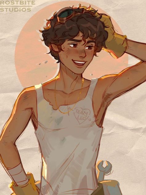 leo valdez cr. frostbite.studios Percy Jackson Fan Art Leo Valdez, Frostbite Studios Percy Jackson, Leo Husband, Leo Valdez Fan Art, Leo Valdez Aesthetic, Frostbite Studios, Pjo Art, Pjo Fanart, Greek Men