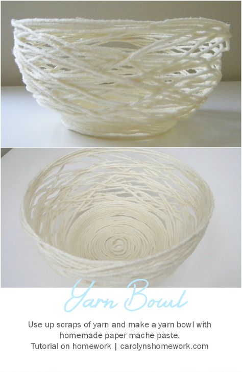 Paper Mache Yarn Bowl via homework | carolynshomework.com Paper Mache Nest, Balloon Bowls Diy, Paper Yarn Projects, Glue Recipe, Paper Mache Paste, Paper Nest, Birds Nests, Paper Mache Bowls, Leftover Yarn