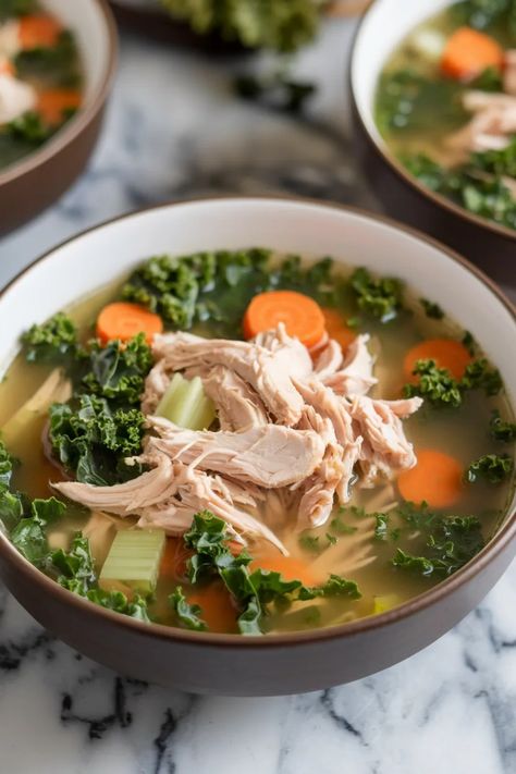 A photo of a  Chicken and Kale Soup a winter chicken soup Chicken Kale Soup, Kale Soup Recipes, Chicken Kale, Chickens In The Winter, Cozy Soup, Homemade Soup Recipe, Spinach Soup, Kale Soup, Kale And Spinach