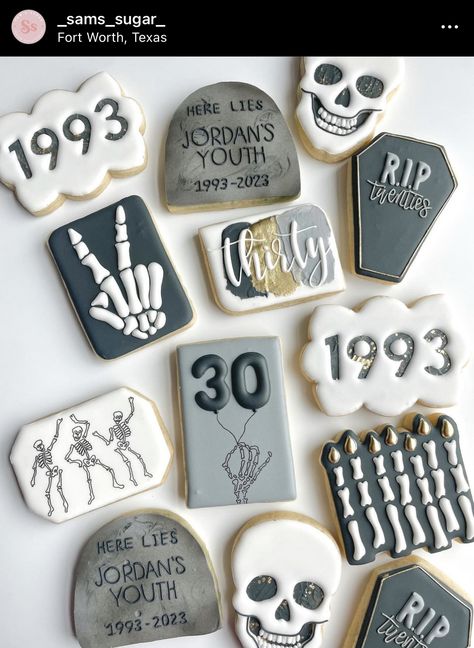 Rip 50th Birthday Party, 30th Birthday Spooky Theme, Rip 20s Birthday Party Games, 30 Year Old Birthday Theme, Rip 20s Birthday Theme, Rip 20s 30th Birthday Party, 30th Birthday Ideas For Women Halloween, Rip 20s Birthday Cookies, What To Do For 30th Birthday