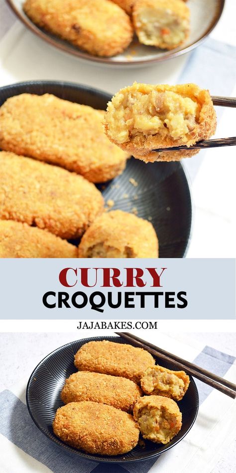 Curry Croquettes are one popular variation of the classic Japanese croquettes with a distinctly rich flavor. These Curry Croquettes are incredibly delicious and perfect for dinner or as a snack in bento lunch box. Japanese Croquettes, Curry Bento, Beef Croquettes Recipe, Japanese Croquette, Midnight Munchies, Chicken Croquettes, Croquettes Recipe, Moms Cooking, Bento Recipes