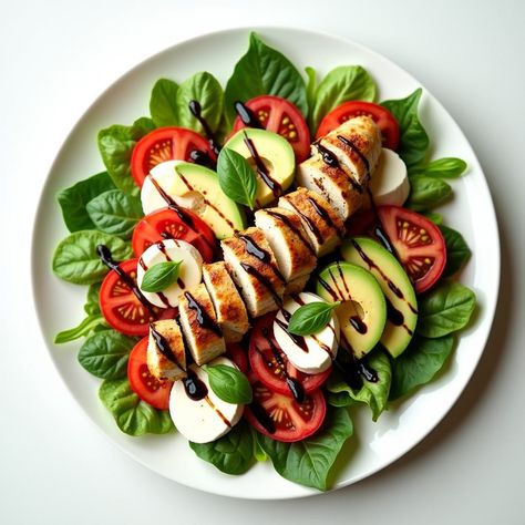 Chicken Avocado Caprese Salad Avocado Caprese Salad, Chicken Avocado Caprese, Grilled Chicken Strips, Grilled Chicken Tenders, Marinating Chicken Breast, Balsamic Reduction, Avocado Chicken Salad, Food History, Chicken Avocado