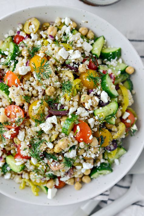 Greek Couscous Salad - Simply Scratch Greek Couscous, Yum Salad, Greek Couscous Salad, Pearl Couscous Salad, Lebanese Garlic Sauce, Couscous Salad Recipes, Mediterranean Couscous, Greek Salad Recipes, Couscous Recipes