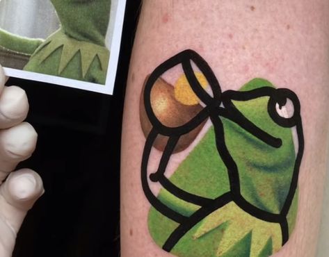 Frog Drinking Tea, Kermit The Frog Meme, Tea Tattoo, Kermit Meme, Anastasia Movie, Frog Meme, More Clients, Kermit The Frog, Disney Tattoos