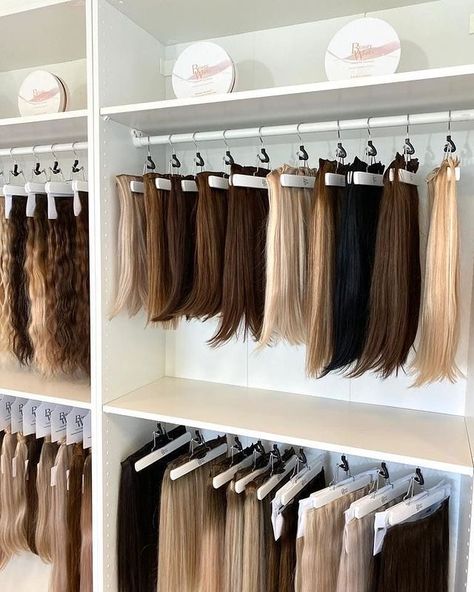 Hair Extension Room Ideas, Salon Wig Display Ideas, Salon Hair Extensions, Hair Extension Wall Ideas, Hair Extension Specialist, Hair Extensions Display Ideas, Hair Extensions Salon Decor, Hair Salon Giveaway Ideas, Hair Extension Salon Decor