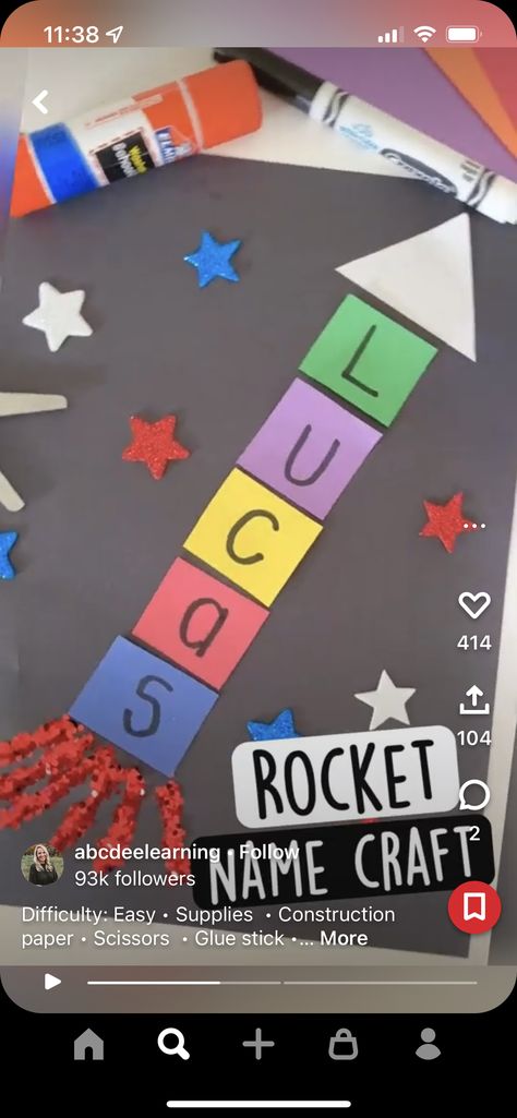 Name Rockets Preschool, Letter R Crafts For Preschoolers, Preschool Rocket, Rocket Ship Craft, Kindergarten Stem, Name Crafts, Name Activities, Ship Names, Class Projects