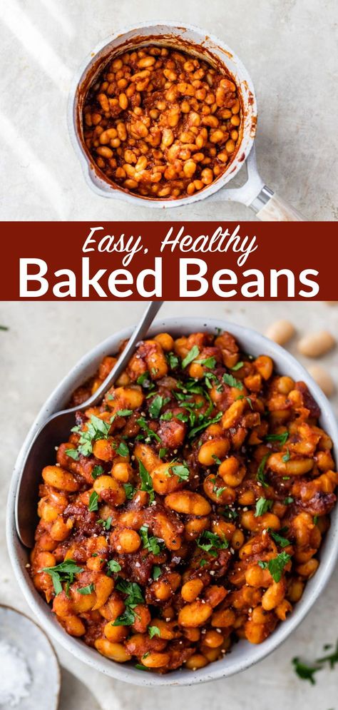 An easy baked beans recipe made with maple syrup and no bacon. They're the BEST baked beans from scratch. Healthy and ready in 30 minutes. Veggie Baked Beans, Heart Healthy Baked Beans, Baked Beans Recipe No Bacon, Mediterranean Baked Beans, Healthy Baked Beans Clean Eating, Healthy Bean Dishes, Heart Healthy Bean Recipes, Healthier Baked Beans, Easy Bean Recipes Healthy