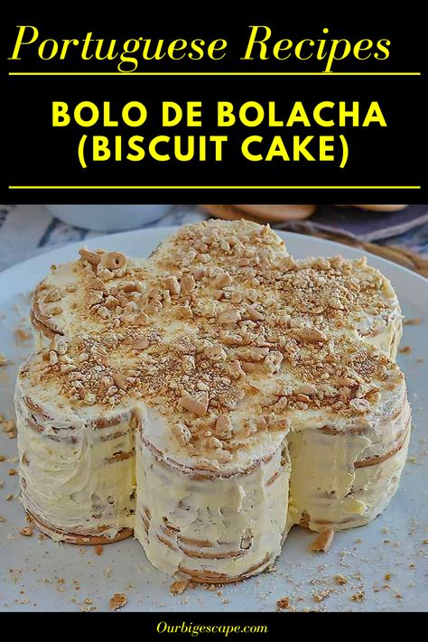 Cake Types Different, Portuguese Almond Cake, Fridge Biscuits Recipes, Maria Cookie Cake, Portuguese Maria Cookie Dessert, Recipes With Maria Cookies, Maria Biscuit Dessert, Portuguese Dessert Recipes Portugal, Portuguese Cake Recipes