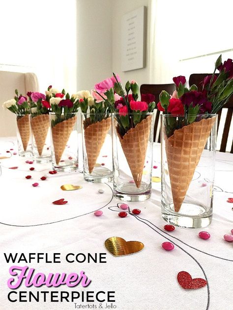 Waffle Cone Centerpieces you can make in 5 minutes are perfect for any type of party including Galantines! Kule Ting, Breakfast Egg Casserole, Fleurs Diy, Waffle Cone, Ice Cream Cones, Waffle Cones, Sausage And Egg, Flower Party, Centerpiece Ideas