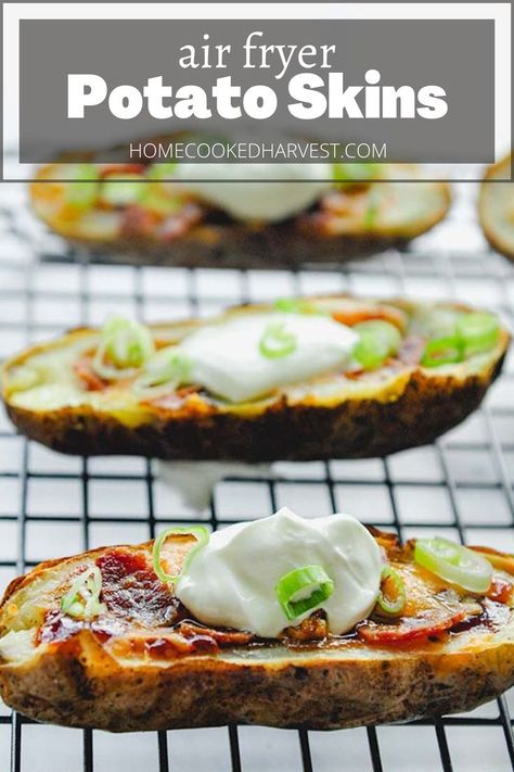 Air Fryer Potato Skins are potato halves that are topped off with cheese, turkey bacon, and creamy chipotle mayo. These are not your average stuffed potato skins, this recipe has an ingredient that most others do not have…barbecue sauce! Make these tater skins for the big game, get togethers, or bbq’s, truly a crowd pleaser! Tater Skins, Air Fryer Potato Skins, Stuffed Potato Skins, Cook Skins, Cheese Turkey, Air Fryer Potato, Stuffed Potato, Chipotle Mayo, Chipotle Sauce