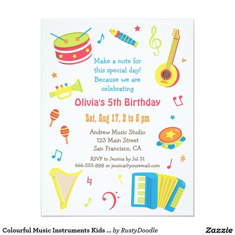 Colourful Music Instruments Kids Birthday Party Card.  Artwork designed by Rusty Doodle Store. Price $2.06 per card Music Instruments Kids, Free Party Invitations, Birthday Party Invitation Wording, Music Theme Birthday, Invitations Design, Free Printable Birthday Invitations, Music Birthday, Birthday Party Invitation Templates, Kids Birthday Party Invitations