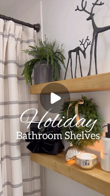 Chelsea Zutavern on Instagram: "Every room is getting a little holiday cheer!🌲✨ . I will link everything in LTK or comment SHELVES for the direct links! . #bathroom #bathroomshelves #bathroomdecor #holidaydecor #christmasdecor #tistheseason #holidayhome #christmas #christmasdecorations #shelfdecor" Bathroom Christmas Shelf Decor, Bathroom Shelf Christmas Decor, Christmas Powder Room, Small Bathroom Christmas Decor, Christmas Restroom Decor, Xmas Bathroom Decor, Christmas Bathroom Ideas, Christmas Shelf Decor Ideas, Blessed Ranch