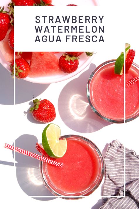 Watermelon Strawberry Agua Fresca, Aqua Fresca Watermelon, Watermelon Strawberry Drink, Watermelon Fresca Recipe, Strawberry Agua Fresca Recipe, Aqua Fresca Recipes, Watermelon Aqua Fresca, Fresca Recipes, Watermelon Drinks