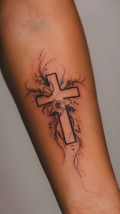 25+ Tiny Cross Tattoos for Women That Are So Cute Tattoo Idea On Hand, Cool Tats Women, Tattoo Ideas With A Cross, Meaningful Cool Tattoos, Flower Tattoos With Cross, Women Spiritual Tattoos, Cute God Tattoos For Women, Pretty Tattoo Ideas For Women, Cross With Scripture Tattoo