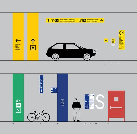 Signage system - UQAM parking garages on Behance Signage System Design, Parking Lot Signage, Bicycle Parking Design, Parking Lot Sign, Basement Parking, Road Signage, Parking Building, Signage Board, Park Signage