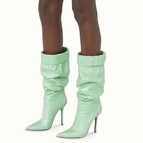 Two Strap Sandals, Green Boots, Slouchy Boots, Rihanna Fenty, Boot Cuffs, Puffer Coat, Shoes Heels Boots, Fashion Essentials, Leather Heels