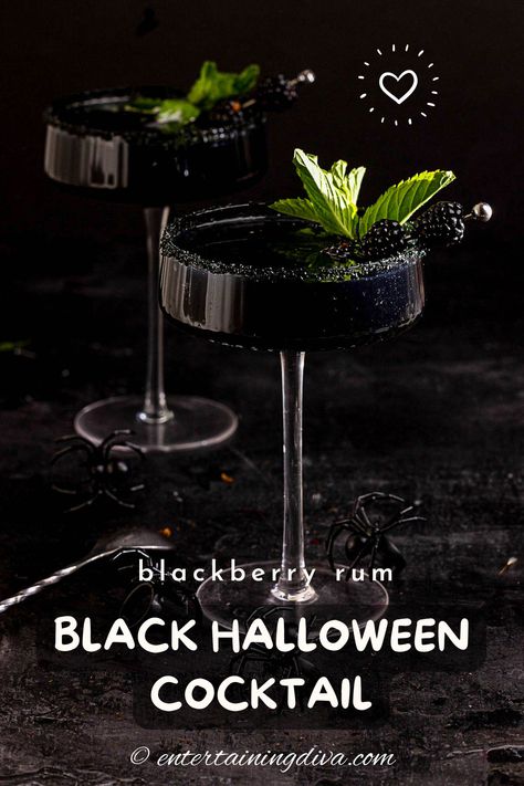 Blackberry Rum Cocktail (The Perfect Black Halloween Drink) | Drinks Activated Charcoal Drink Recipe, Witch Themed Cocktails, Halloween Cocktail Pitcher, Halloween Mojito, Black Alcoholic Drinks, Frankenstein Cocktail, Black Drinks Cocktails, Halloween Themed Drinks Alcohol, Beetlejuice Drink