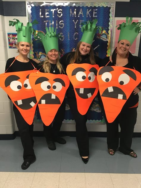 Creepy Carrots Teacher Costume, Preschool Teacher Group Halloween Costumes, Character Parade Costumes For Teachers, Teacher Book Character Costumes Group, Staff Halloween Costumes School, Creepy Carrots Costume, Storybook Character Costumes For Teacher, Easy Teacher Halloween Costumes, Book Character Costumes For Teachers