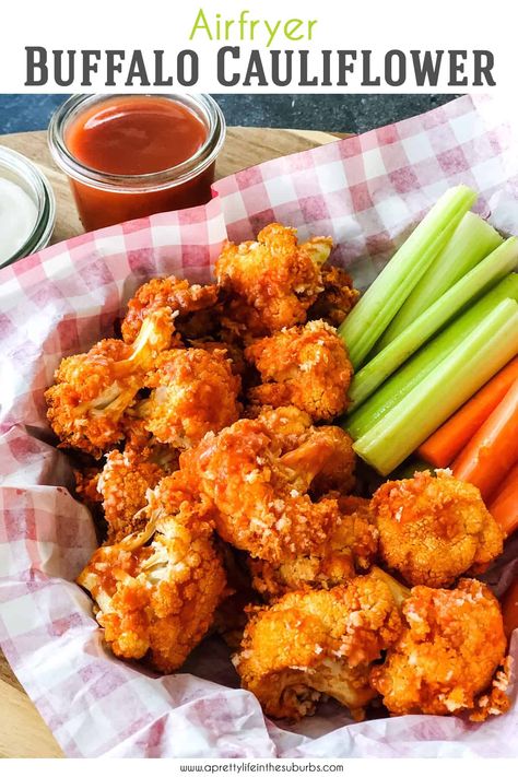 These Air Fryer Buffalo Cauliflower Bites are crunchy and delicious!  Cauliflower florets are coated in buffalo hot sauce then tossed in panko bread crumbs before cooking, making them perfectly crunchy!  A perfect party appetizer. Airfryer Buffalo Cauliflower Recipes, Cauliflower Buffalo Bites Air Fryer, Air Fryer Breaded Cauliflower Recipes, Air Fried Cauliflower Bites, Crunchy Cauliflower Bites, Breaded Cauliflower Air Fryer, Buffalo Cauliflower Air Fryer, Air Fried Buffalo Cauliflower, Buffalo Hot Sauce