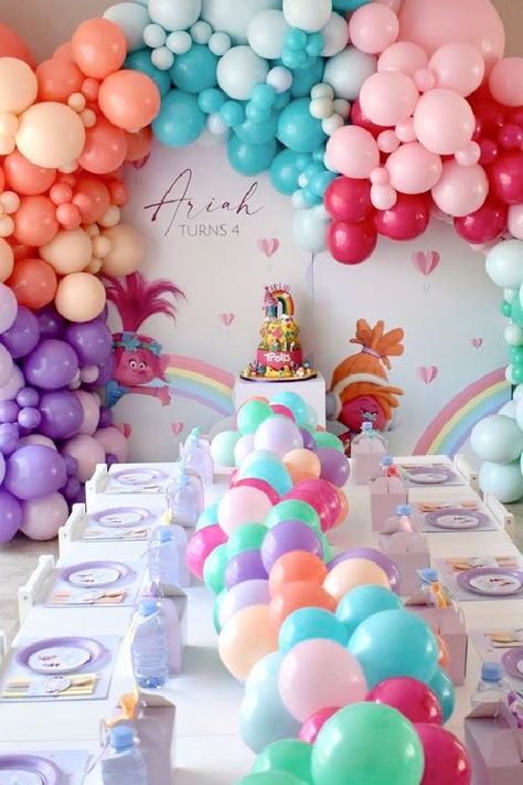 Take a look at this colorful Trolls-themed birthday party! The balloon decor is fab! See more party ideas and share yours at CatchMyParty.com Trolls Poppy Birthday Party Ideas, Trolls Theme Party, Character Birthday Party Ideas, Troll Themed Birthday Party, Trolls First Birthday Party Girl, Trolls 2nd Birthday Party Ideas, Trolls Balloon Arch, Double Birthday Party Ideas, Troll Birthday Party Ideas