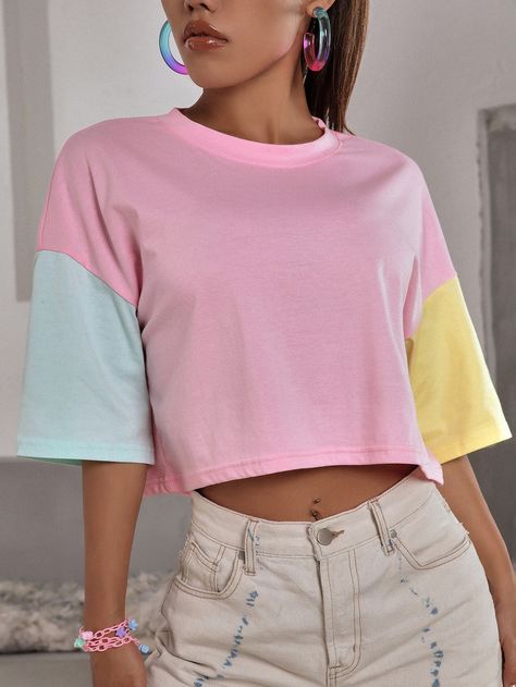 Drop Shoulder Tshirt, Color Block Tshirt, Sewing Top, Colorblock Top, Top Shein, Color Block Top, Women T Shirts, Shein Style, French Fashion