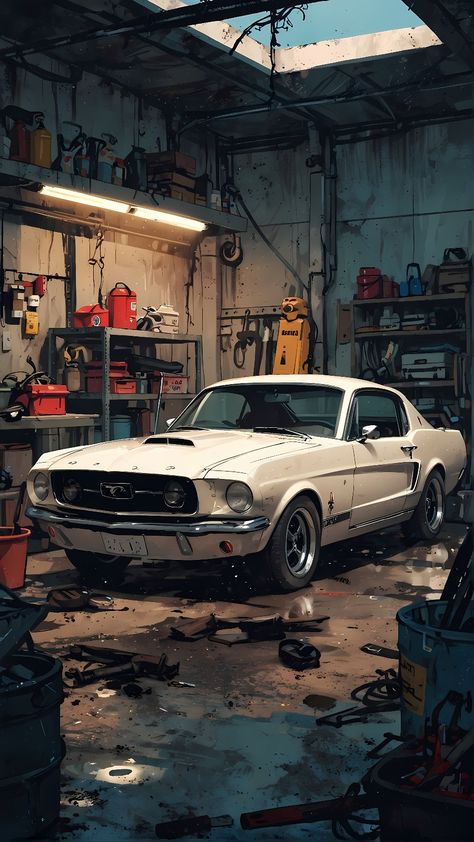 White Ford Mustang, Open Garage, Mustang Art, Mini Auto, Car Iphone Wallpaper, Mustang Wallpaper, Partly Cloudy, Image Moto, مرسيدس بنز