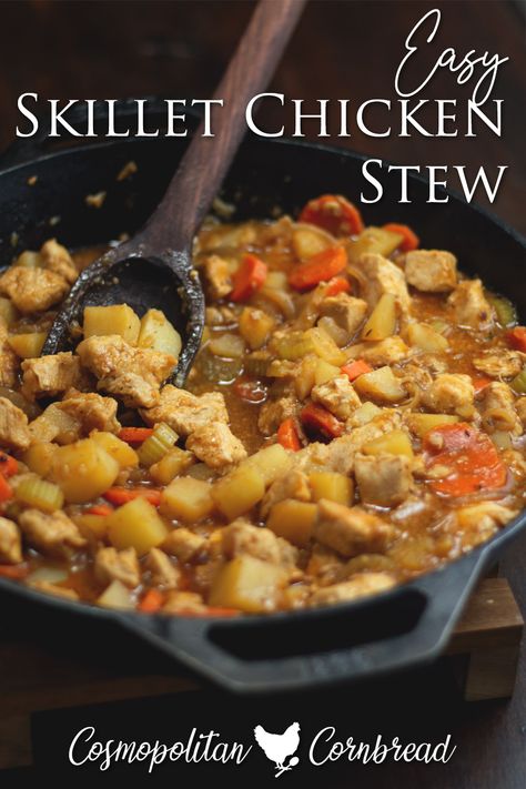 Stewed Potatoes Recipe, Chicken And Potato Skillet Recipes, Stovetop Chicken Stew, Chicken And Potatoes Recipes Skillet, Chicken Stew Recipe Stove Top, Chicken And Potatoes Skillet, Chicken And Potatoes Cast Iron Skillet, Cast Iron Skillet Recipes Chicken, Chicken Potato Skillet