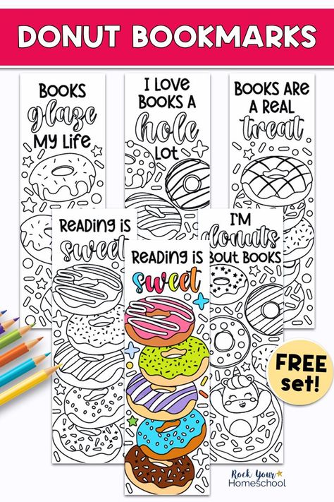 Examples of black-and-white donut bookmarks to color and example with color pencils. Colour In Bookmarks, Back To School Bookmarks Free Printable, Bookmarks To Color Free Printable, Free Printable Bookmarks To Color, Back To School Bookmarks, Bookmarks Free Printable, Bookmark Coloring, Coloring Bookmarks Free, Bookmarks To Color