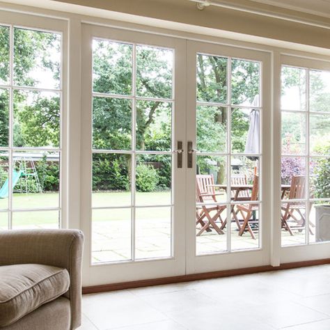 Timber Timber French Doors - George Barnsdale Living Room French Doors To Outside, Two Sets Of French Doors To Patio, French Doors With Windows On Each Side, Double French Doors Living Room, Multiple French Doors, Alaska Cottage, Triple French Doors, Extension Doors, Sunroom Doors