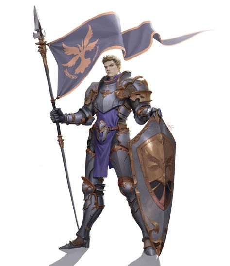 ArtStation - shield flag knight man, Gwang-beom Kho Shield Pose Reference, Shield Pose, Warrior Background, Spear Knight, Shield Warrior, Fantasy Knight, Plate Armor, Knight Shield, Character Design Cartoon