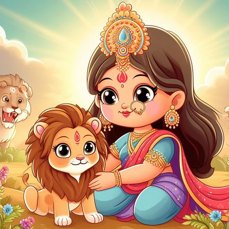 God Artwork, Durga Painting, Easy Cartoon Drawings, Goddess Artwork, Durga Maa, Digital Art Illustration, Cute Easy Drawings, God Art