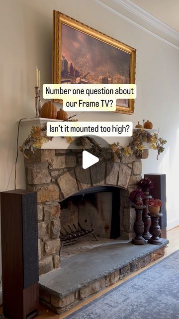 Andrea on Instagram: "Every single time I shared the frame tv-I got asked isn’t it mounted too high? In our prior home we had a pull out mount. Here we knew we needed a Mantle Mount but hadn’t gotten around to it (hello kitchen renovation) but a few weeks ago we finally put it up. We picked up the Mount @bestbuy and I couldn’t be happier! It’s super easy to use and it still leaves me room for my decor! Our mantle isn’t exactly small either at 14” deep! It’s the perfect solution so I can still have art above the mantle.   Frame TV is by @samsungus  The beautiful gold Frame is by @decotvframes" Tv In A Frame Mounted Tv, Mantle Decor With Tv, The Mantle, Mounted Tv, Be Happier, Mantle Decor, Frame Tv, Framed Tv, Kitchen Renovation